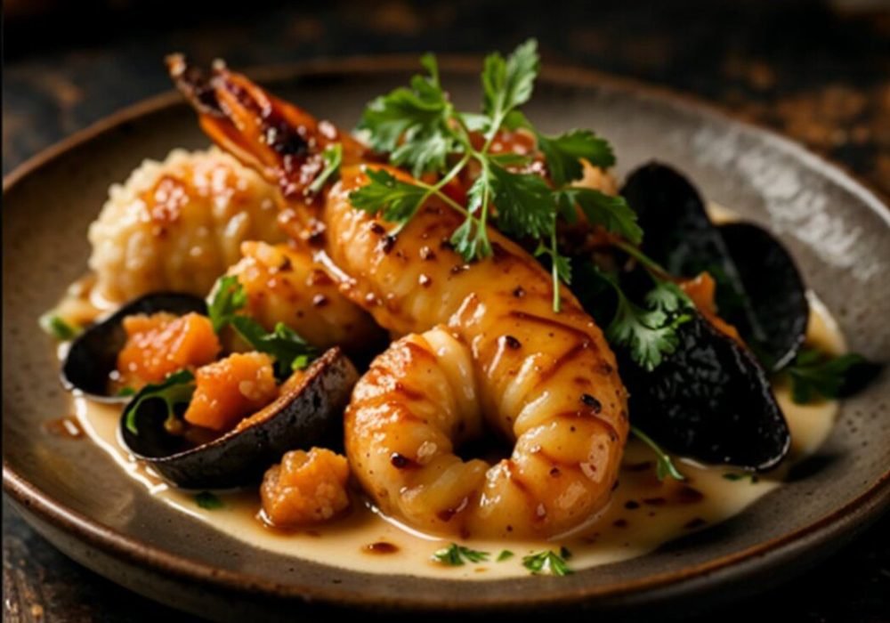 Grilled prawns with mussels and a cream sauce on a plate