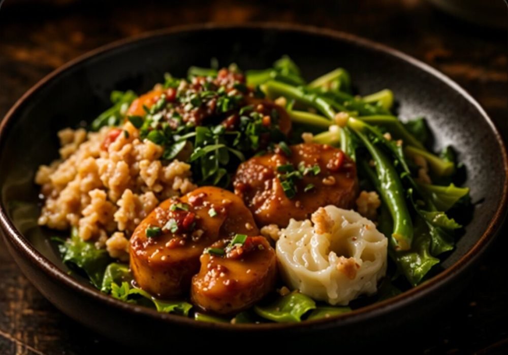 Glazed scallops with seasonal greens, grains and a dumpling in a dark bowl