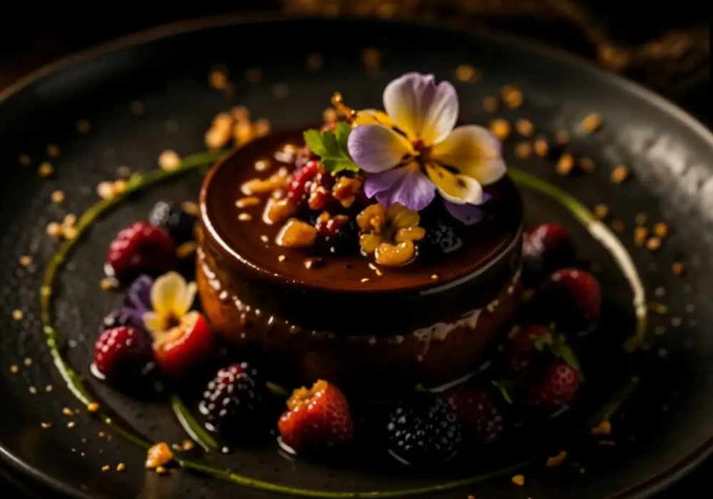 Chocolate dessert with fresh berries and an edible flower on a dark plate