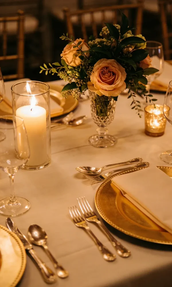 Elegant candlelit fine dining table setting