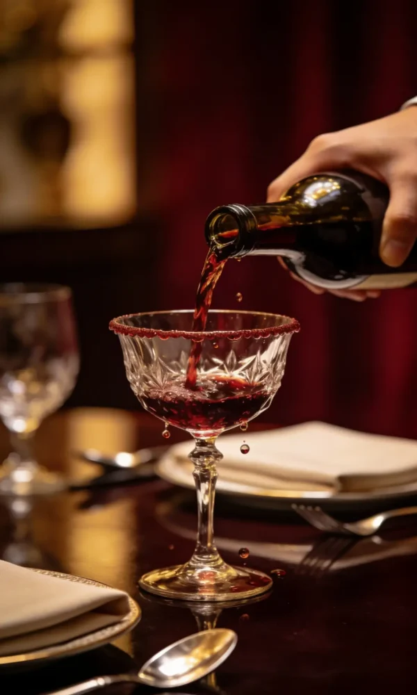 Wine being poured into a glass at a dinner table