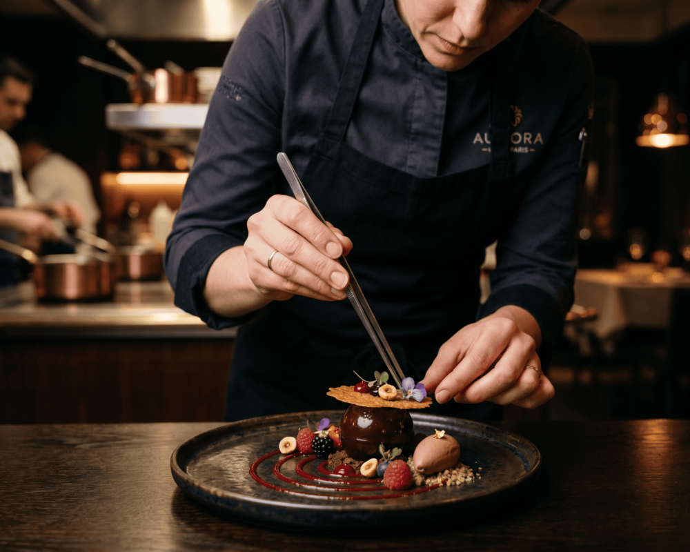 Professional chef carefully plating a dish in a kitchen